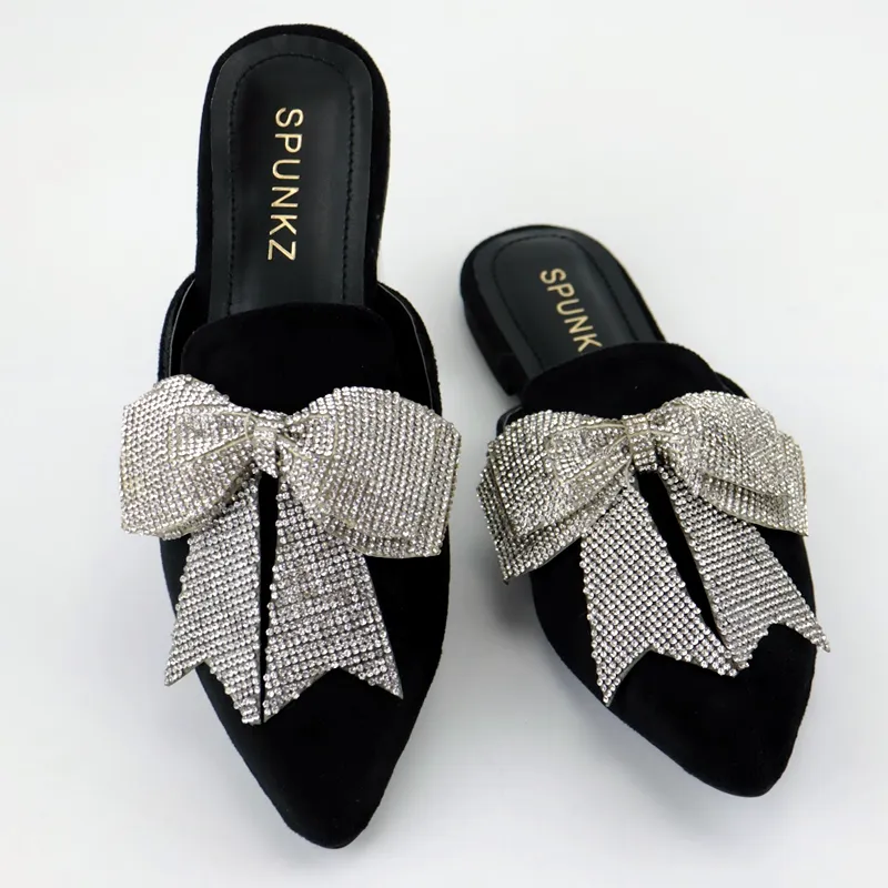 Velvet Loafers Mules Rhinestone Bow Fancy Cut Shoes